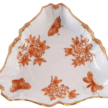 Herend Fortuna Triangular Vegetable Bowl Rust Butterflies Chinoiserie Pattern - Estate Fresh Austin