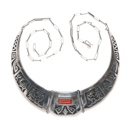 Hopi Overlay Mediterranean coral bib necklace in sterling - Estate Fresh Austin