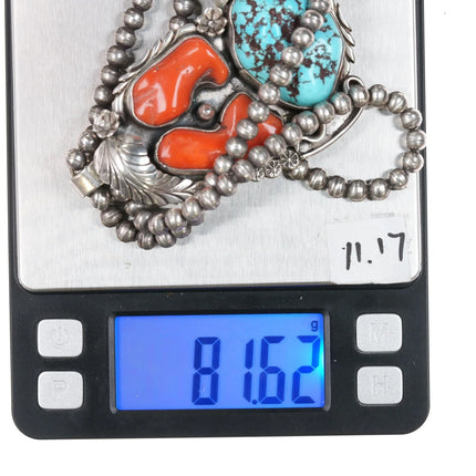 Huge 1970's R Williams Native American sterling turquoise coral pendant necklace - Estate Fresh Austin