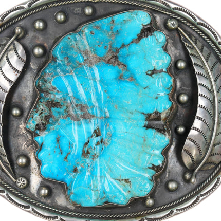 Huge Albert Platero Navajo Sterling carved turquoise "Indian Chief" belt buckle - Estate Fresh Austin