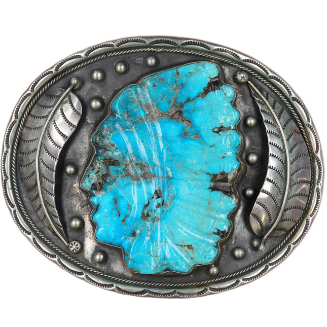 Huge Albert Platero Navajo Sterling carved turquoise "Indian Chief" belt buckle - Estate Fresh Austin