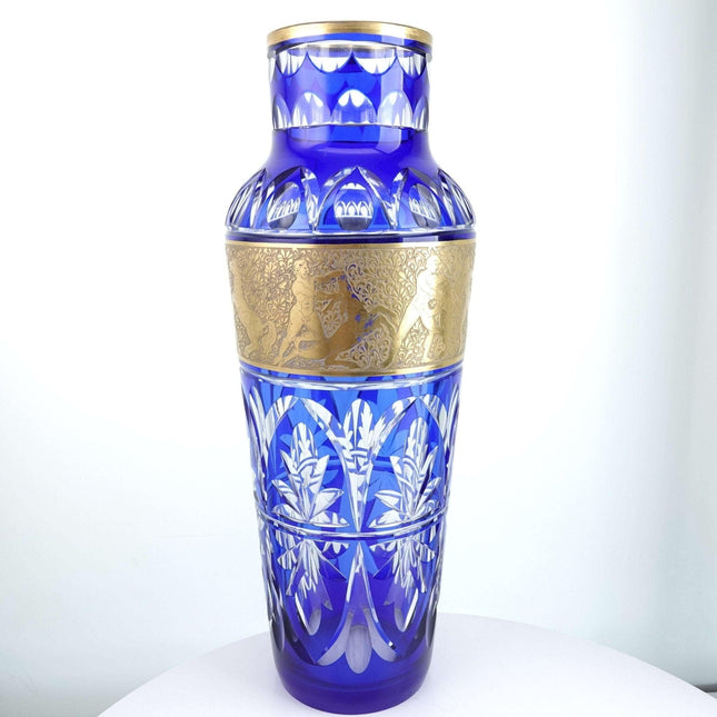 Huge Antique French/Bohemian Cobalt Cut to clear Heavy gold Vase - Estate Fresh Austin