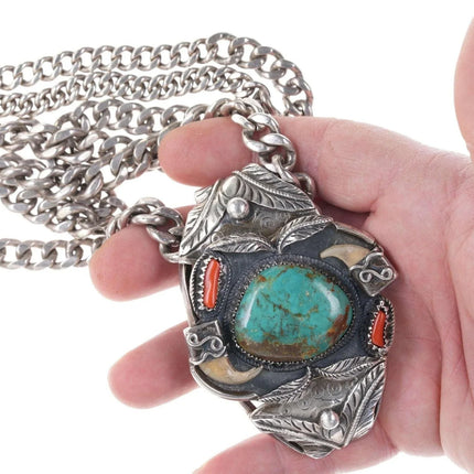 Huge Beastly Native American Sterling turquoise/coral pendant/necklace - Estate Fresh Austin