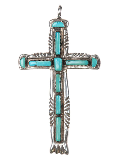 Huge Lupe Iule San Felipe Pueblo cast sterling and turquoise cross pendant - Estate Fresh Austin