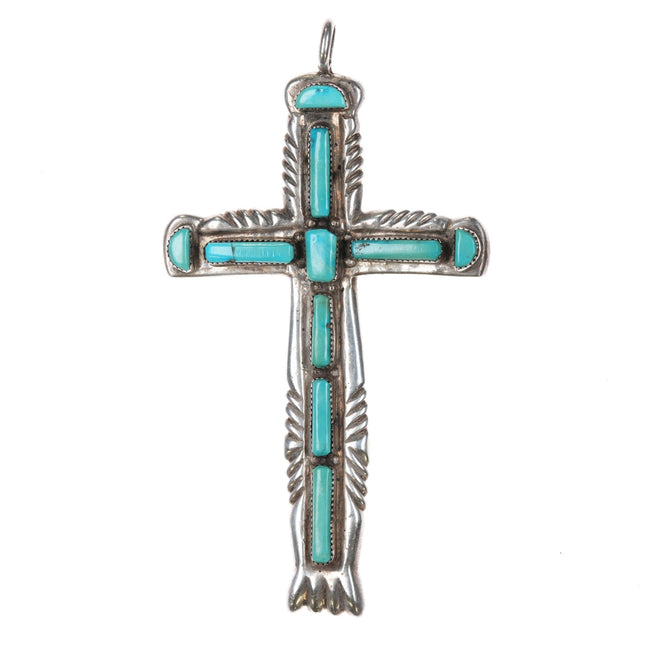 Huge Lupe Iule San Felipe Pueblo cast sterling and turquoise cross pendant - Estate Fresh Austin