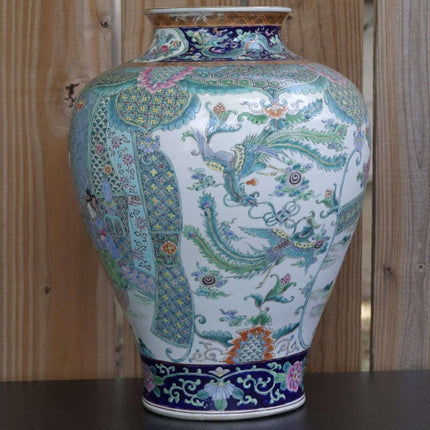 Huge Meiji Period Antique Japanese Rose Medallion Style Polychrome enamed Vase H - Estate Fresh Austin