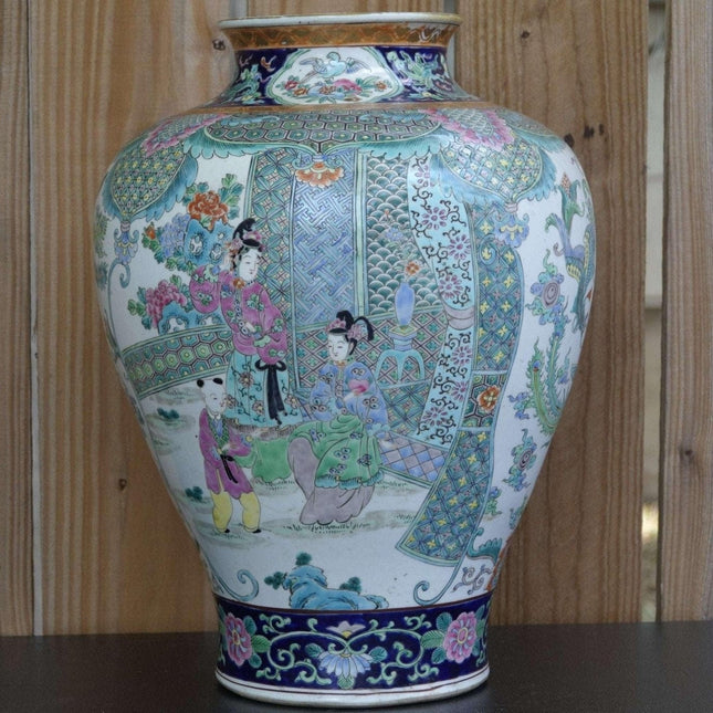 Huge Meiji Period Antique Japanese Rose Medallion Style Polychrome enamed Vase H - Estate Fresh Austin