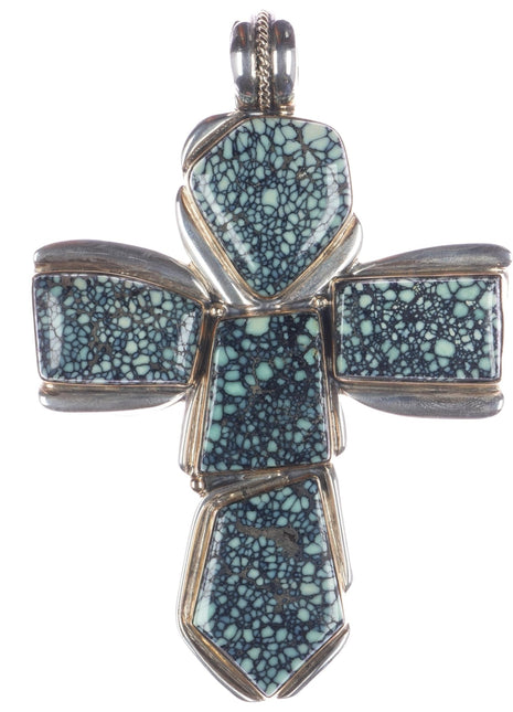 Huge Orville Tsinnie 14k/Sterling variscite double sided cross pendant - Estate Fresh Austin