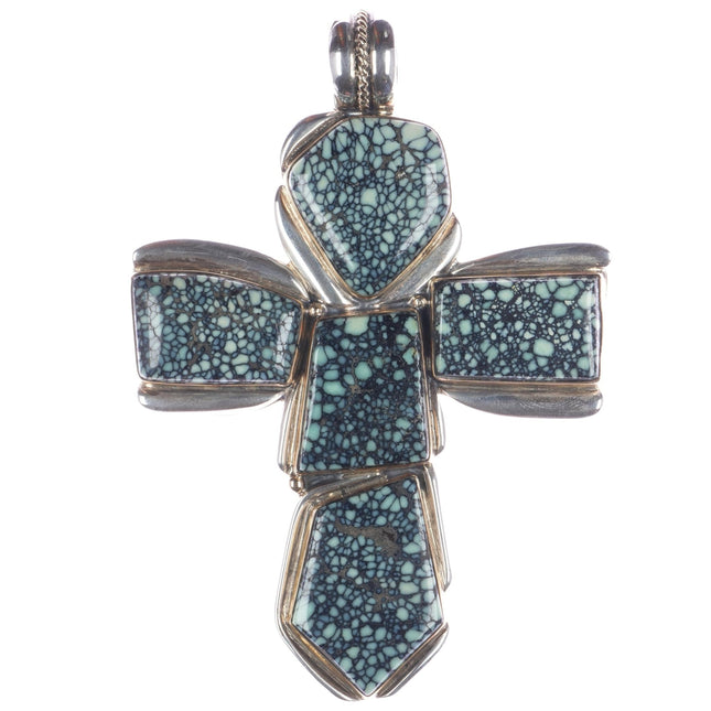 Huge Orville Tsinnie 14k/Sterling variscite double sided cross pendant - Estate Fresh Austin