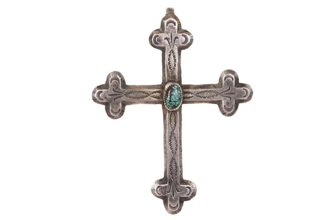 Huge Vintage Navajo sterling silver Spiderweb turquoise cross pendant - Estate Fresh Austin