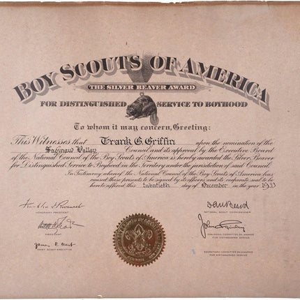 1933 Boy Scout Silver Beaver Award With Certificate Frank Griffin Saginaw Michig