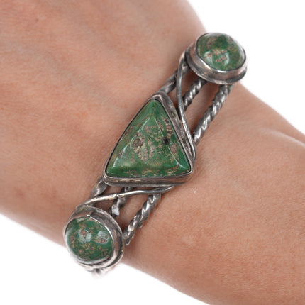 6.75" c1930's Navajo silver twisted wire green turquoise cuff bracelet