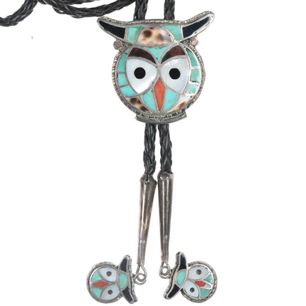 c1960 c-31 Ted Edaakie Zuni Owl sterling channel inlay bolo tie with fancy tips