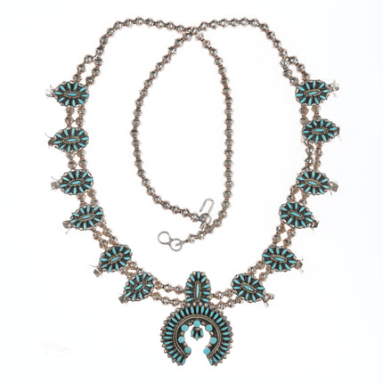 LP Zuni sterling and turquoise petit point squash blossom necklace