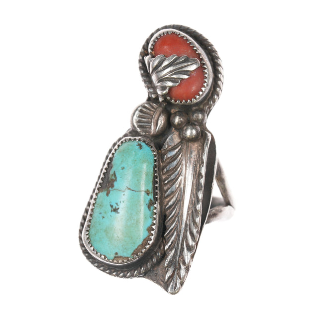 sz7 1970's David K Lister Navajo Sterling, turquoise, and coral ring