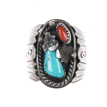 sz11.25 LL 70's-80's Native American silver, turquoise, and coral ring