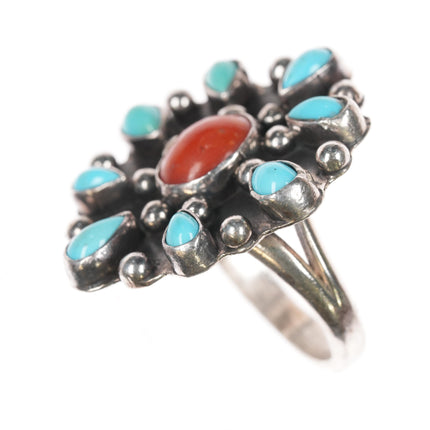 sz10.5 Sterling, turquoise, and coral cluster ring