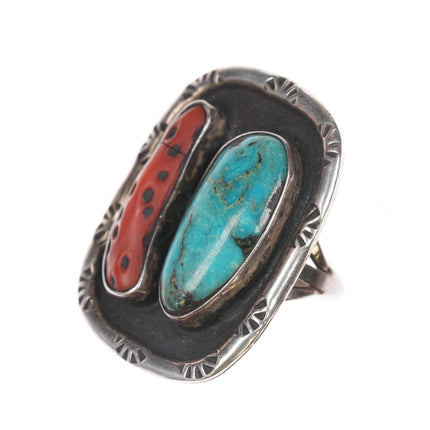 sz7.75 60's-70's Navajo silver, turquoise, and coral ring