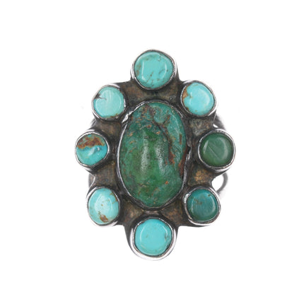 Sz8.5 20's-30's Native American silver cluster turquoise ring