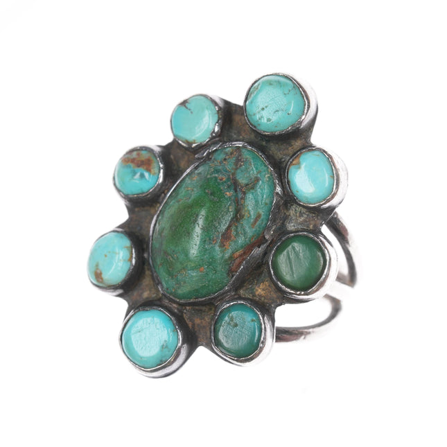 Sz8.5 20's-30's Native American silver cluster turquoise ring