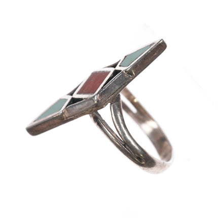 sz5.5 Zuni silver, turquoise and coral channel inlay ring