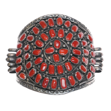 7.25" c1980's Robert Kelley Navajo Sterling Mediterranean coral cluster cuff Bracelet