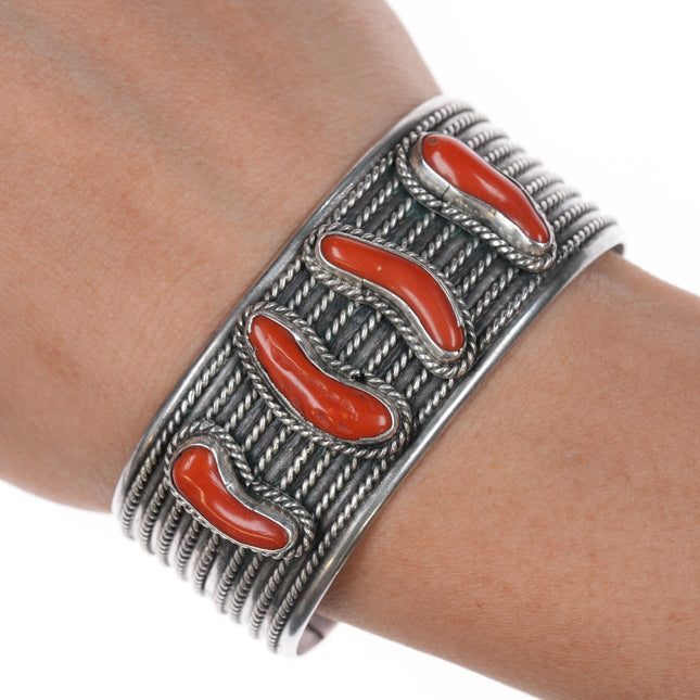 6.5" Vintage Native American twisted silver wire coral cuff bracelet