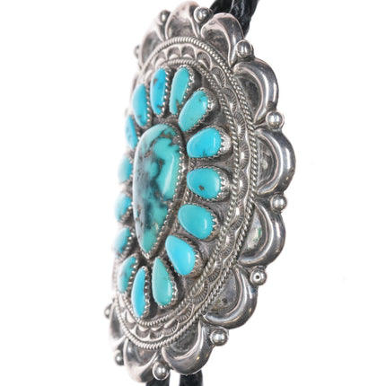 Large Joe & Eunice Wilson Navajo sterling turquoise cluster bolo tie