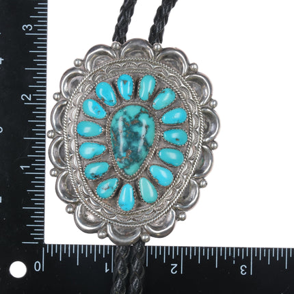 Large Joe & Eunice Wilson Navajo sterling turquoise cluster bolo tie