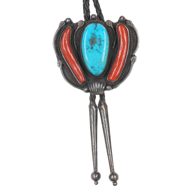 Large c1960 c-31 Zuni sterling bolo tie with turquoise and coral