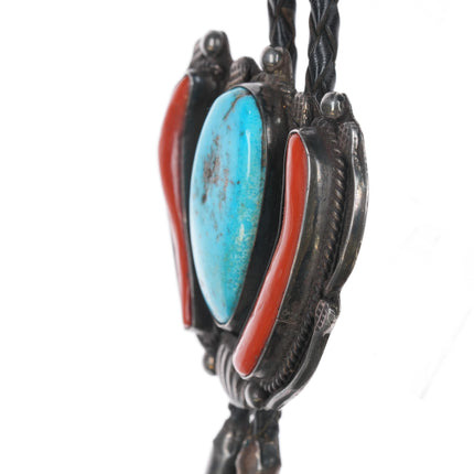 Large c1960 c-31 Zuni sterling bolo tie with turquoise and coral