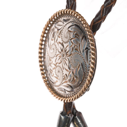 Vintage hand engraved sterling bolo tie with rope edge