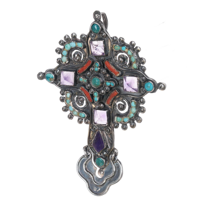 c1940's  Matl Cross pendant Sterling Turquoise Amethyst and coral