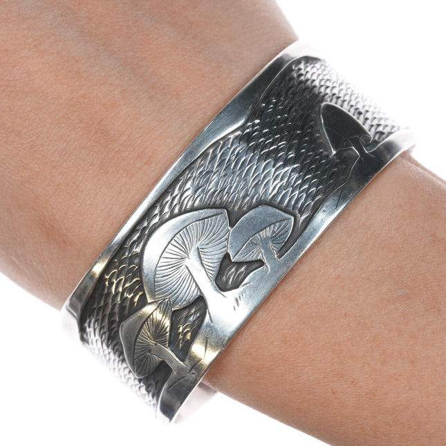 7" Amazing Sterling carved overlay Mushroom cuff bracelet