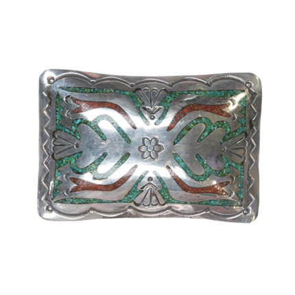 Vintage Native American Sterling Chip inlay belt buckle