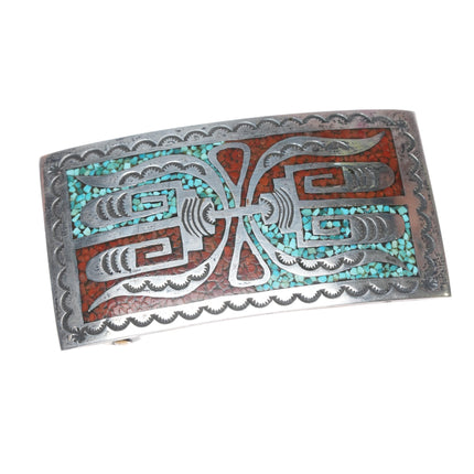 Vintage Native American Sterling Chip inlay belt buckle K