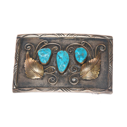 E King Navajo sterling, turquoise gold filled belt buckle