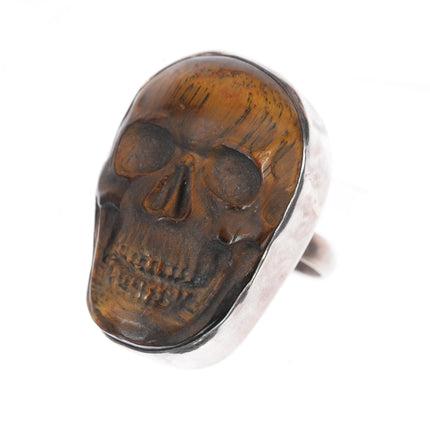 sz11.5 Adjustable Vintage Sterling Carved Tiger's Eye skull ring