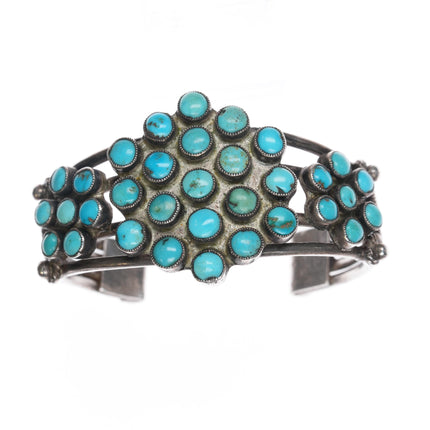 6" 20's-30's Ingot silver Native American turquoise cluster cuff bracelet