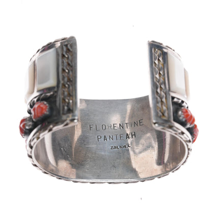 6" Florentine Panteah Zuni Sterling inlay carved coral cuff bracelet