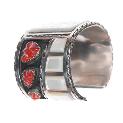 6" Florentine Panteah Zuni Sterling inlay carved coral cuff bracelet