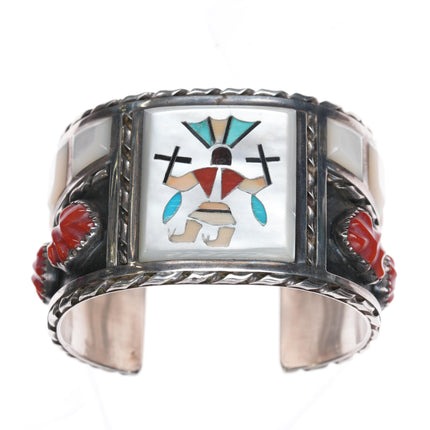 6" Florentine Panteah Zuni Sterling inlay carved coral cuff bracelet