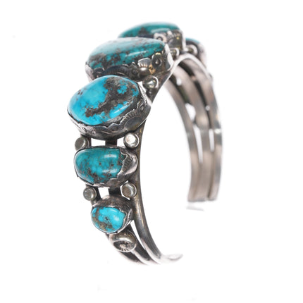 6.25" Vintage Native American silver Morenci turquoise row cuff bracelet