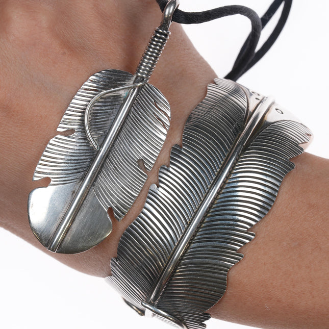 7 1/8" Douglas Etsitty Navajo sterling feather cuff bracelet and pendant