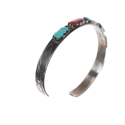 6.5" Cheama Zuni Sterling turquoise, and coral row cuff bracelet