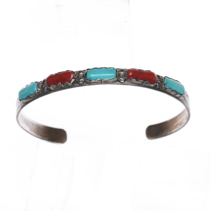 6.5" Cheama Zuni Sterling turquoise, and coral row cuff bracelet