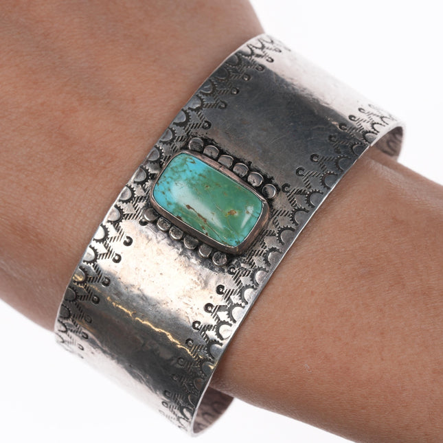 7 1/8" Vintage Native American silver cuff bracelet with turquoise Interior stamped