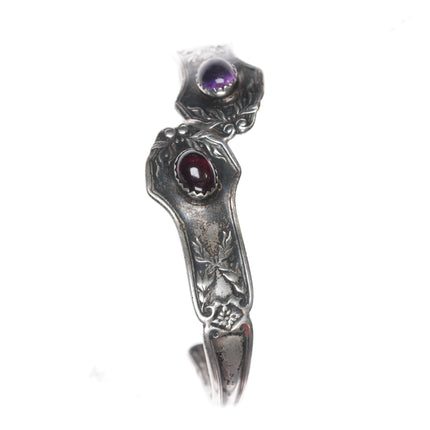 6.5" Vintage Sterling cutlery cuff bracelet with garnet/amethyst