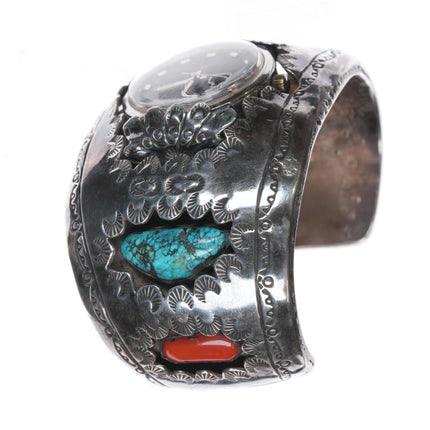 7.75" Huge Sterling Morenci Turquoise, coral Navajo watch cuff bracelet Elgin watch