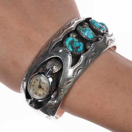 6.5" N Willie Navajo Vintage sterling and turquoise watch cuff bracelet